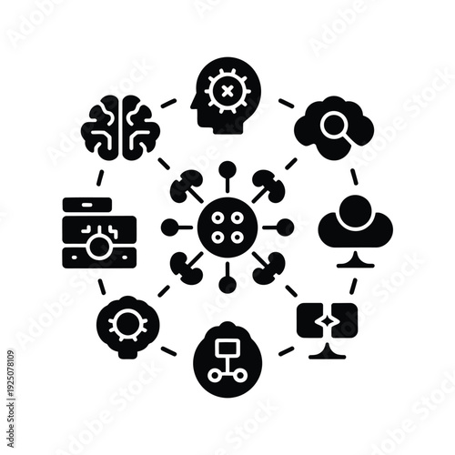 Conceptual diagram of data processing analysis and intelligence with interconnected icons