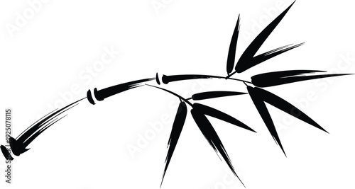 Brush style bamboo branch silhouette with leaves black ink vector illustration isolated on white background minimal design