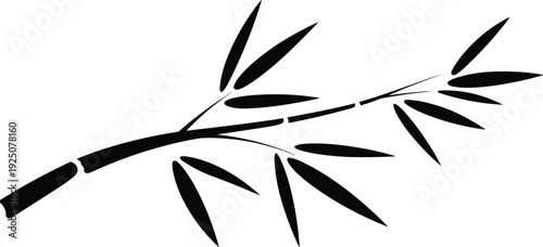 Minimal bamboo branch silhouette with leaves black vector illustration isolated on white background nature inspired decorative design