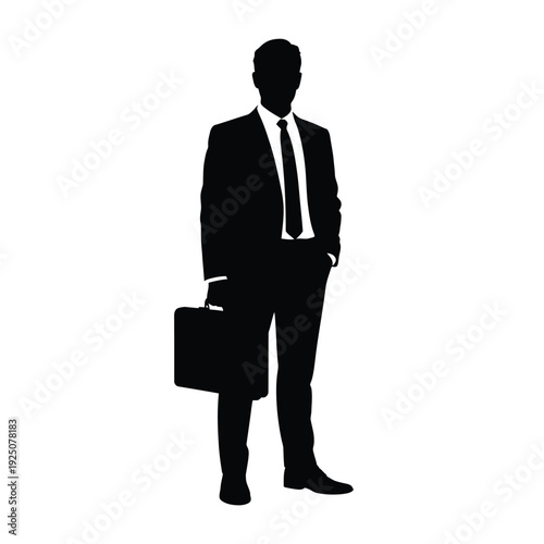Silhouette of a man in a suit holding a briefcase standing in a formal pose