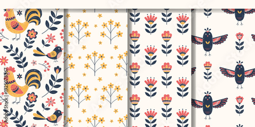 Folk backgrounds with birds and flowers. Traditional botanical seamless patterns. Ethnic ornaments. Roosters and sparrows