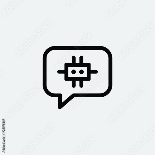Minimalist icon depicting a robot head inside a speech bubble simple design