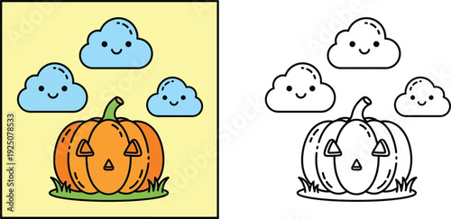 Cute Halloween Jack-o'-lantern Pumpkin and Smiling Clouds Coloring Page for Kids, Kawaii Autumn Season Vector Illustration Set with Line Art and Colored Version (164 characters)