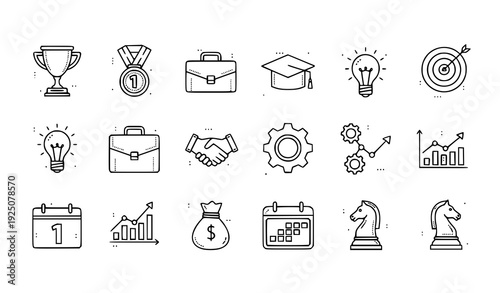 Thin outline dotted achievement, award, and business vector icon set isolated on transparent background