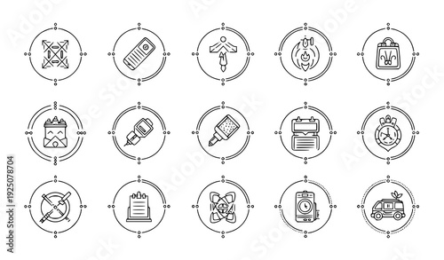 Minimal thin outline dotted eLearning and artificial intelligence icons isolated on transparent background