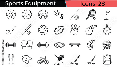Collection of black and white sports icons representing various athletic activities and equipment for design and media use in a modern and sleek visual style.