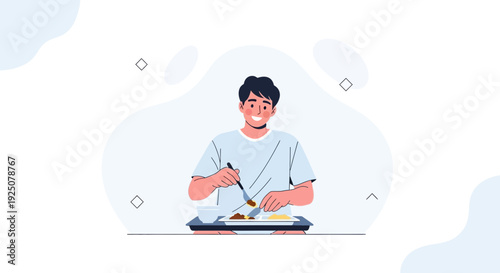 Man eating a balanced meal on a tray, healthy lifestyle concept illustration.