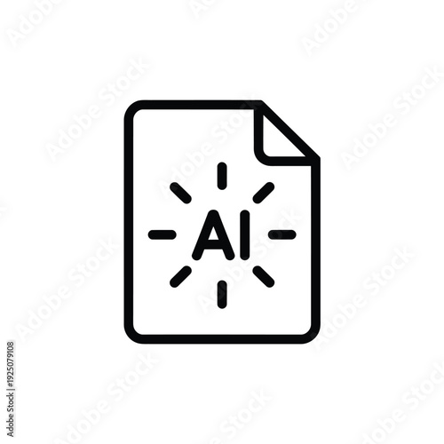 Icon depicting a document with ai symbol and rays representing artificial intelligence information