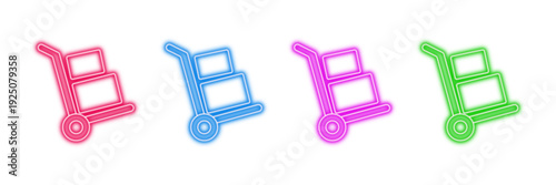 Neon glowing hand truck vector icons set, moving, delivery, logistics, packages, vibrant colorful digital design illustration.