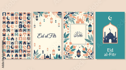 Eid alfitr greeting cards and stickers set with mosque and lantern designs on colorful backgrounds for festive muslim holiday