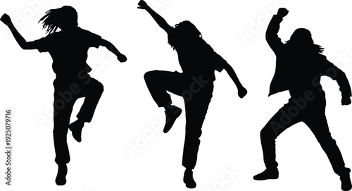 Energetic dancing kids silhouette set, hip hop children dance poses black vector illustration isolated on white background
