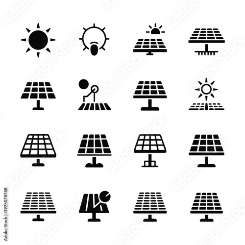 Collection of solar panel icons depicting different types and related elements in black silhouette