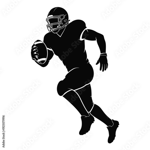 Silhouette of an american football player running with the ball on a white background
