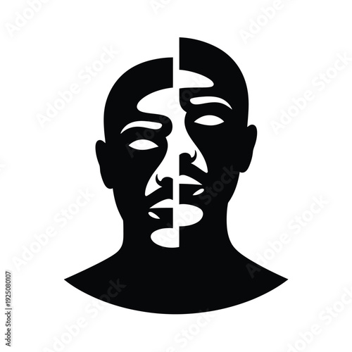 Abstract black and white face illustration featuring geometric shapes and a divided portrait design
