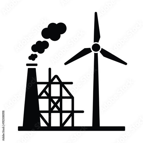 Icon depicting factory emissions contrasted with a wind turbine symbolizing energy transition