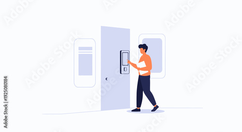 Man Using Digital Lock on Door with Tablet, Modern Access Control Concept