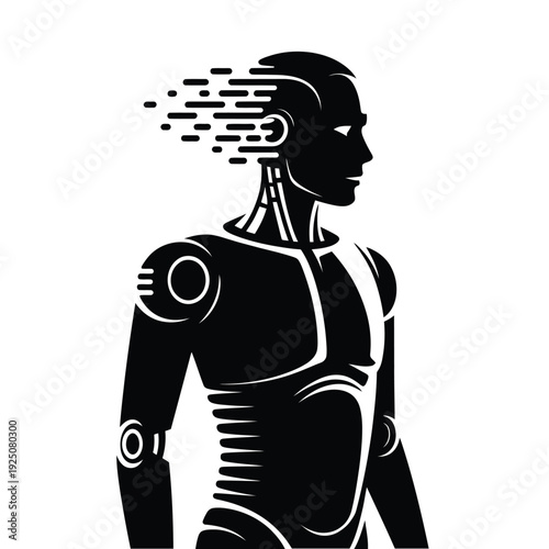 Abstract robotic figure with dissolving brain symbolizing artificial intelligence and digital transformation