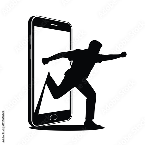 Silhouette of a man emerging from a smartphone screen symbolizing digital escape and connectivity