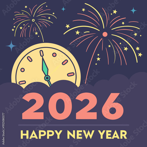 Clock shows midnight near 2026 fireworks.