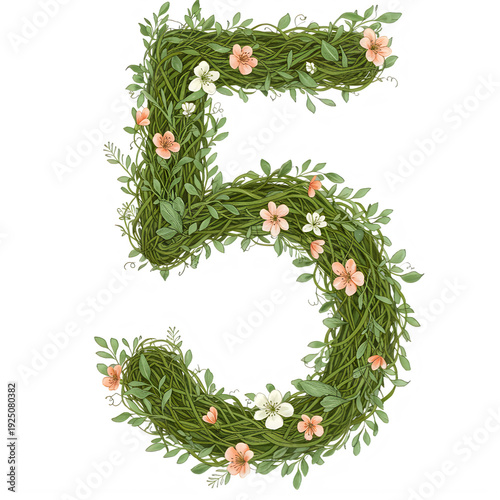 Number five made of green leaves and flowers