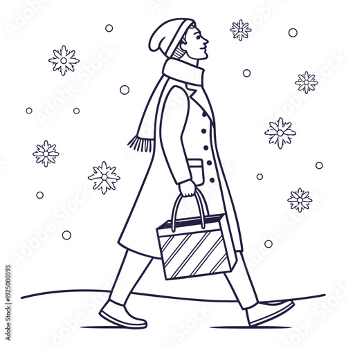 Person walks holding a striped shopping bag.