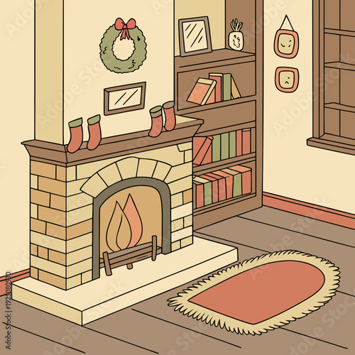 Brick fireplace displays Christmas stockings.