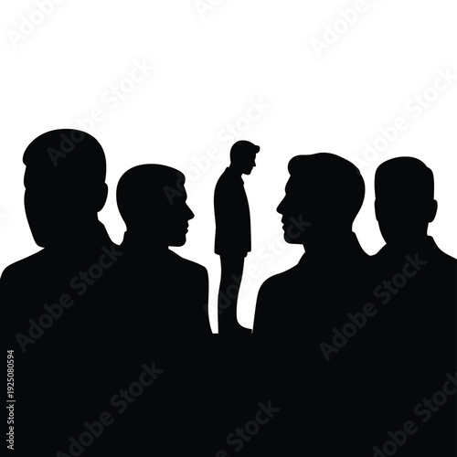 Silhouette of a solitary figure standing apart from a group of people in profile view