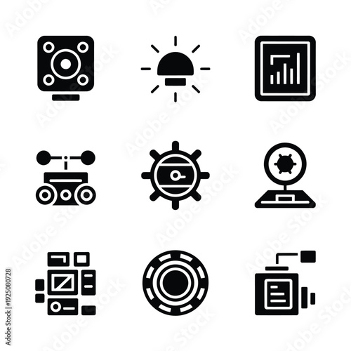 Set of nine black and white icons depicting camera light and various photography related elements