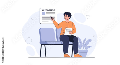 Man Sitting in Waiting Room Pointing at Appointment Schedule