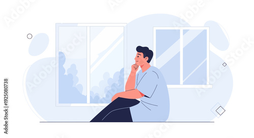 Man Sitting Indoors, Looking Out Window, Deep Thought, Contemplation, Melancholy Mood