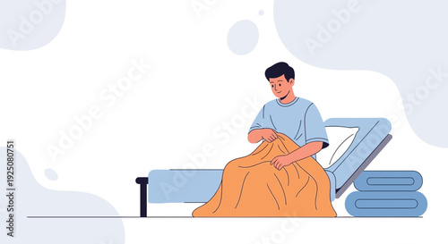 Man Sitting on Hospital Bed Under Orange Blanket, Medical Concept Illustration