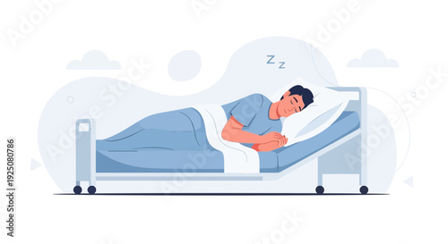 Man Sleeping in Hospital Bed, Peaceful Rest and Recovery Illustration