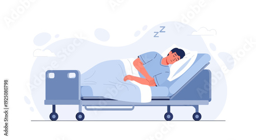 Man sleeping peacefully in hospital bed, recovery, rest, healthcare concept