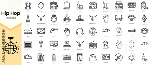 Simple Outline Set of hip hop icons. Linear style icons pack. Vector illustration