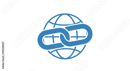 Blue chain link globe symbol icon.