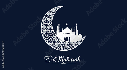 Eid mubarak greeting card with crescent moon and mosque design on dark blue background for ramadan celebration