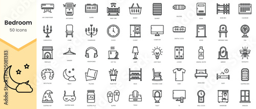 Simple Outline Set of bedroom icons. Linear style icons pack. Vector illustration