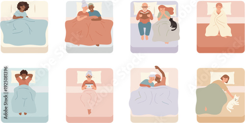 People sleeping in bed top view collection, cozy bedtime poses under blanket, healthy night rest lifestyle vector illustration