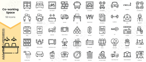 Simple Outline Set of coworking space icons. Linear style icons pack. Vector illustration