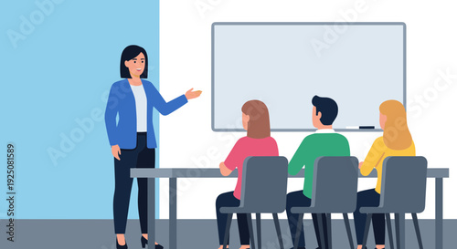Teacher presenting to students in a classroom setting with a whiteboard.