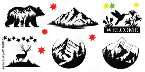 Nature-inspired black silhouette designs: bear with mountains, deer, hummingbird with welcome sign, and mountain landscapes.