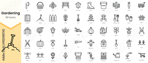 Simple Outline Set of gardening icons. Linear style icons pack. Vector illustration