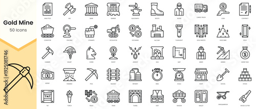 Simple Outline Set of gold mine icons. Linear style icons pack. Vector illustration