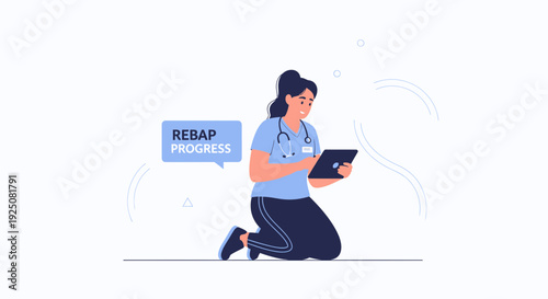 Nurse or doctor with tablet, checking progress, medical concept illustration