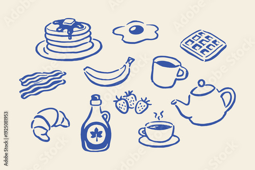 Breakfast doodle food set naive style vector illustration