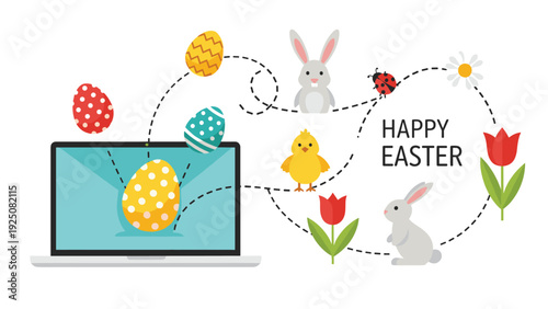 Creative online easter celebration concept with decorated eggs and a bunny emerging from a laptop screen in a digital display.