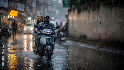 Romantic Couple on Scooter in Monsoon Rain
