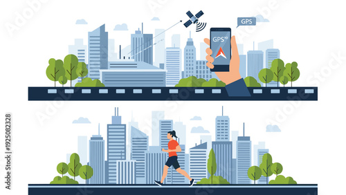 Modern fitness and activity tracking concept showing a woman running in the city with a smartphone app displaying a GPS map.