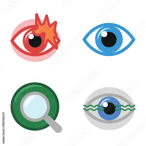 Ophthalmology examination icons with red irritated eye, corneal scan, magnifying lens, pupil measurement, clinical optometry research graphics and education