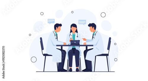 Medical Team Meeting Illustration: Doctors Discussing Patient Care with Tablet